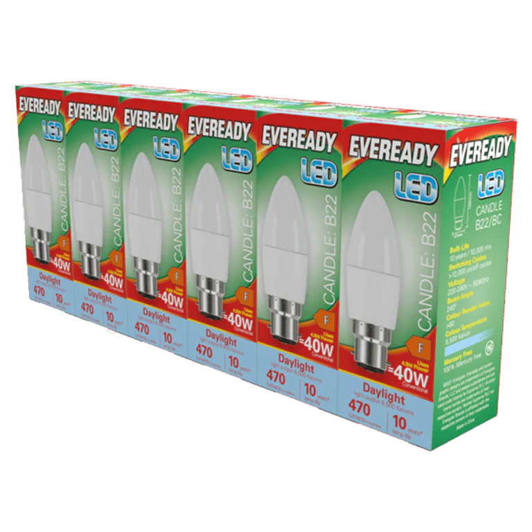 Eveready LED BC Candle B22 Pack 6 - 6500k/470lm