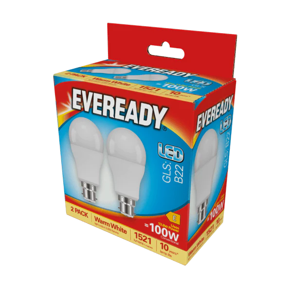 Eveready LED GLS BC B22 3000k Warm White Pack 2 - 1521lm