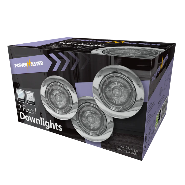 Powermaster 3 Pack Fixed GU10 Downlights - Chrome